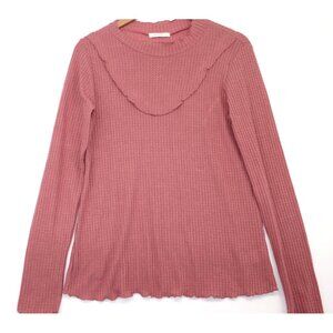 Vintage Y2K Reborn J Womens Pink Waffle Knit Long-Sleeve Top With Scalloped Trim